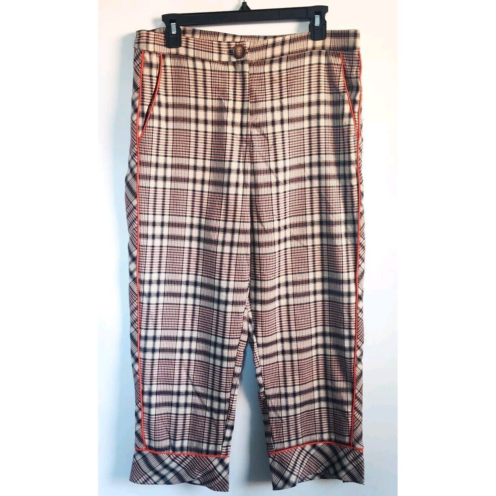 Revolve Line And Dot Plaid Cropped Retro Blue Orange Ankle‎ Pants Large 34"x 23"